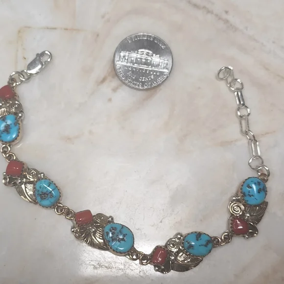 Native American Turquoise and Coral Sterling Silver & Gold Bracelet - Picture 3 of 5